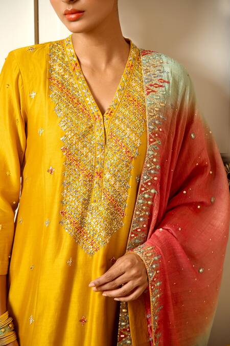 Loka By Veerali Raveshia_Yellow Chanderi Silk, Tussar Silk, Cotton Mul Mirror, Flared Kurta Sharara Set _Online_at_Aza_Fashions