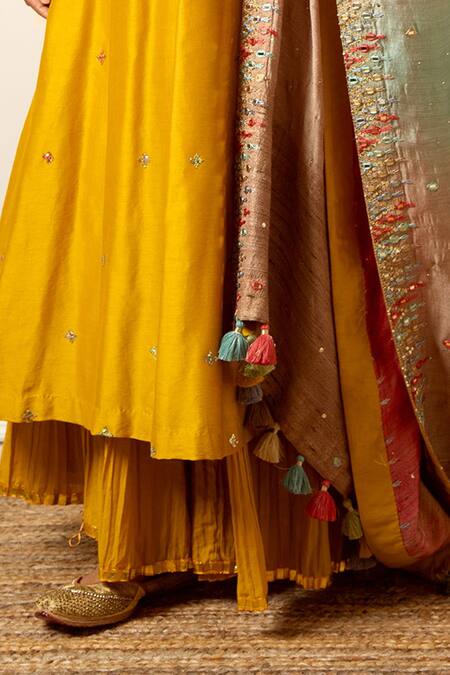 Buy_Loka By Veerali Raveshia_Yellow Chanderi Silk, Tussar Silk, Cotton Mul Mirror, Flared Kurta Sharara Set _Online_at_Aza_Fashions