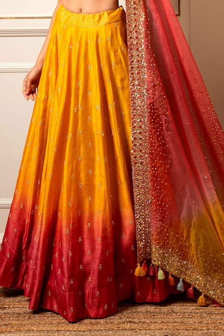 Loka By Veerali Raveshia_Yellow Organza, Dupion , Chanderi Gota Patti, Mirror Work, Lehenga Set _Online_at_Aza_Fashions