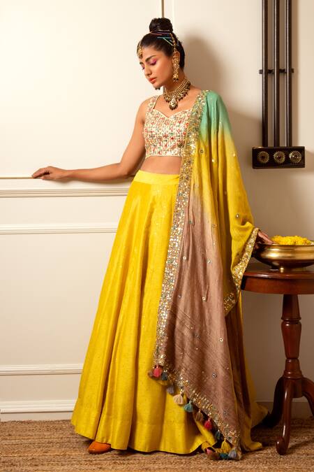 Loka By Veerali Raveshia_Yellow Organza, Dupion , Chanderi Gota Patti, Mirror Work, Lehenga Set _Online_at_Aza_Fashions