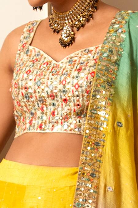 Buy_Loka By Veerali Raveshia_Yellow Organza, Dupion , Chanderi Gota Patti, Mirror Work, Lehenga Set _Online_at_Aza_Fashions