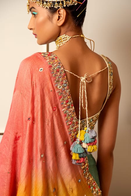 Buy_Loka By Veerali Raveshia_Green Organza, Dupion , Chanderi Gota Patti, Mirror Work, Lehenga Set _Online_at_Aza_Fashions