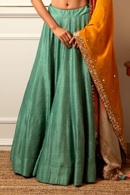 Shop_Loka By Veerali Raveshia_Green Organza, Dupion , Chanderi Gota Patti, Mirror Work, Lehenga Set _Online_at_Aza_Fashions