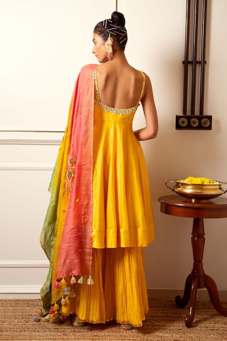 Shop Loka By Veerali Raveshia Yellow Chanderi Silk, Tussar Silk, Cotton Mul Gota, Mirror Anarkali Sharara Set at Aza Fashions Shop_Loka By Veerali Raveshia_Yellow Chanderi Silk, Tussar Silk, Cotton Mul Gota, Mirror Anarkali Sharara Set _at_Aza_Fashions