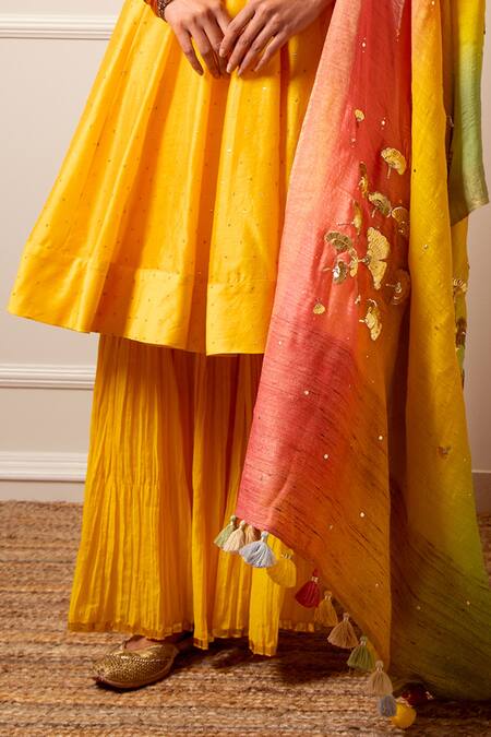 Buy Loka By Veerali Raveshia Yellow Chanderi Silk, Tussar Silk, Cotton Mul Gota, Mirror Anarkali Sharara Set Online at Aza Fashions Buy_Loka By Veerali Raveshia_Yellow Chanderi Silk, Tussar Silk, Cotton Mul Gota, Mirror Anarkali Sharara Set _Online_at_Aza_Fashions