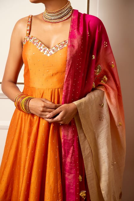 Loka By Veerali Raveshia_Orange Chanderi Silk, Tussar Silk, Cotton Mul Gota, Mirror Anarkali Sharara Set _Online_at_Aza_Fashions