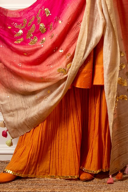 Buy_Loka By Veerali Raveshia_Orange Chanderi Silk, Tussar Silk, Cotton Mul Gota, Mirror Anarkali Sharara Set _Online_at_Aza_Fashions