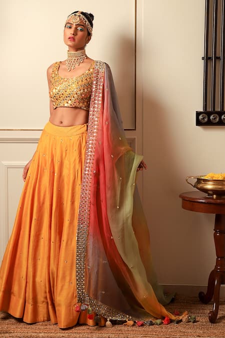 Orange Golden Woven & Pleated Work Jacquard Silk Lehenga – Maharani