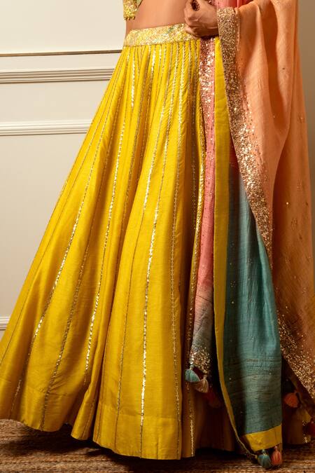 Shop Loka By Veerali Raveshia Yellow Organza, Dupion , Chanderi Gota Patti, Mirror Work, Lehenga Set Online at Aza Fashions Shop_Loka By Veerali Raveshia_Yellow Organza, Dupion , Chanderi Gota Patti, Mirror Work, Lehenga Set _Online_at_Aza_Fashions
