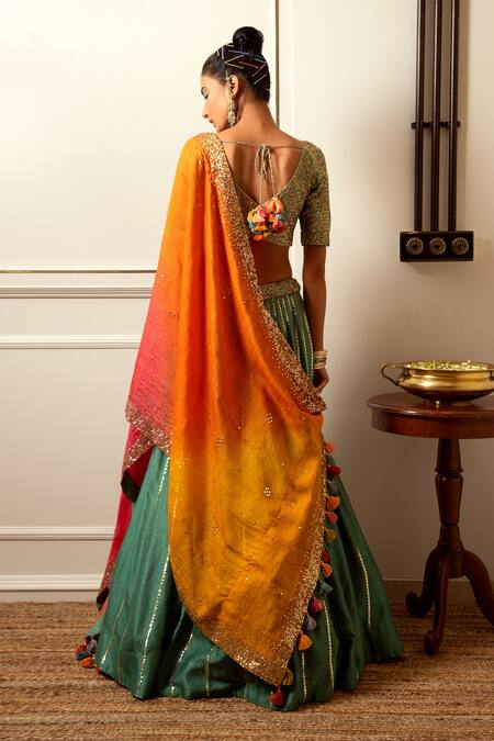 Banarasi Silk Embroidered Teal And Yellow A Line Lehenga Choli – Mindhal
