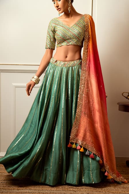 Loka By Veerali Raveshia Green Organza, Dupion , Chanderi Gota Patti, Mirror Work, Lehenga Set Online at Aza Fashions Loka By Veerali Raveshia_Green Organza, Dupion , Chanderi Gota Patti, Mirror Work, Lehenga Set _Online_at_Aza_Fashions