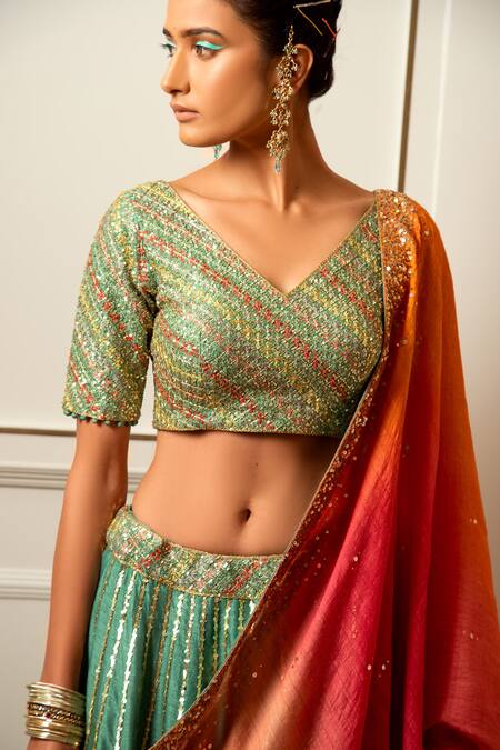 Buy Loka By Veerali Raveshia Green Organza, Dupion , Chanderi Gota Patti, Mirror Work, Lehenga Set Online at Aza Fashions Buy_Loka By Veerali Raveshia_Green Organza, Dupion , Chanderi Gota Patti, Mirror Work, Lehenga Set _Online_at_Aza_Fashions
