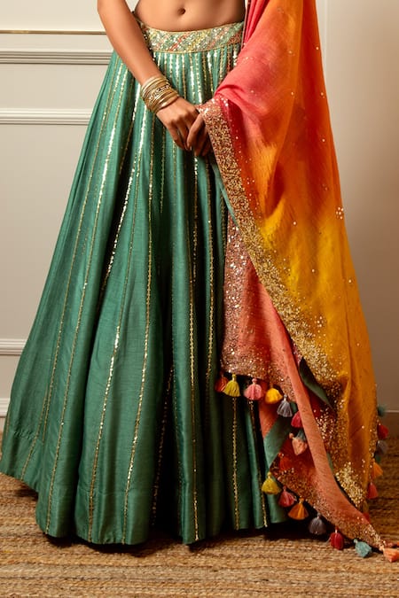 Shop Loka By Veerali Raveshia Green Organza, Dupion , Chanderi Gota Patti, Mirror Work, Lehenga Set Online at Aza Fashions Shop_Loka By Veerali Raveshia_Green Organza, Dupion , Chanderi Gota Patti, Mirror Work, Lehenga Set _Online_at_Aza_Fashions