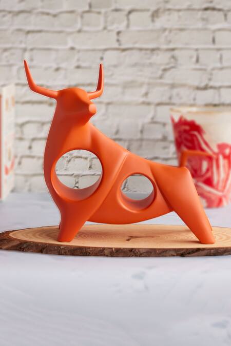 H2H Orange Ceramic Fearless Bull Sculpture 