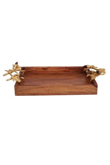 H2h_Brown Wood Gilded Acorn Tray_Online_at_Aza_Fashions