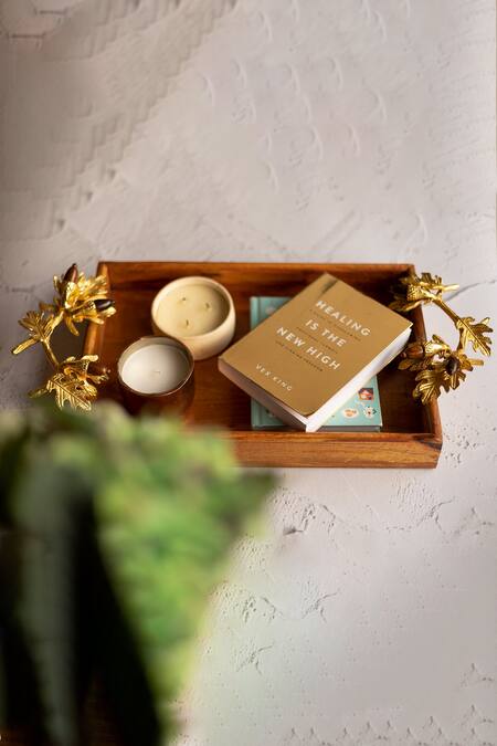 Buy_H2h_Brown Wood Gilded Acorn Tray_Online_at_Aza_Fashions