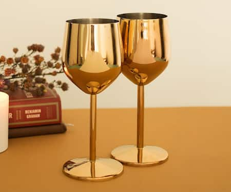 H2H Gold Steel Champagne Wine Stem Glass Set Of 2