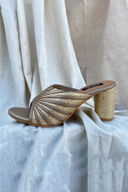 Miraki_Gold Embroidered Metallic Round Heels _Online_at_Aza_Fashions