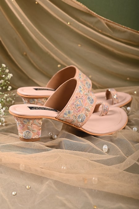 Miraki Peach Embroidered Toe Ring Block Heels at Aza Fashions Miraki_Peach Embroidered Toe Ring Block Heels _at_Aza_Fashions