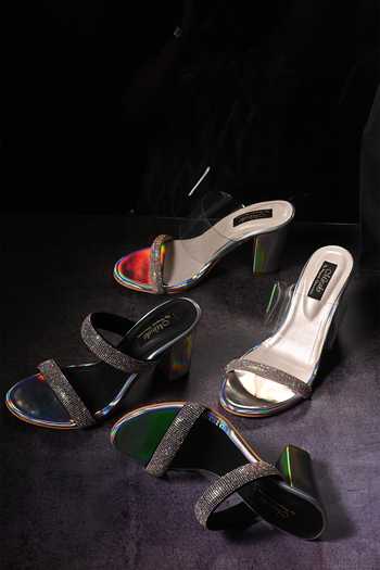 Miraki_Black Rhinestones Embellished Block Heels _at_Aza_Fashions