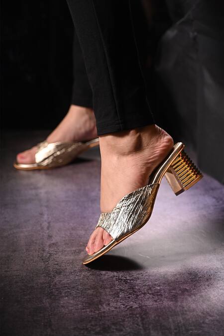 Buy_Miraki_Gold Textured Block Heels _Online_at_Aza_Fashions