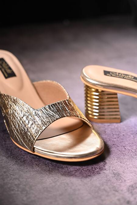 Miraki_Gold Textured Block Heels _at_Aza_Fashions