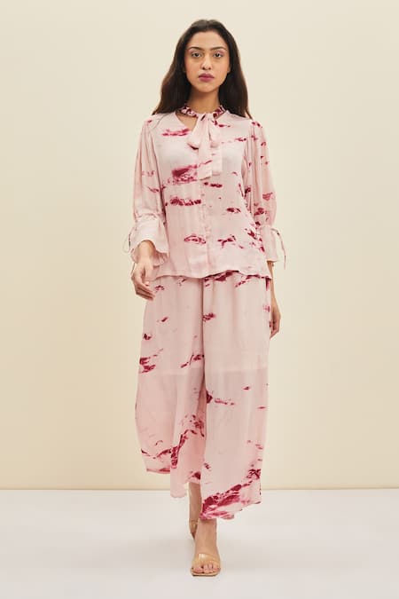 Meadow_Pink Silk, Cotton Viscose Tie-up Haze Tie Dye Top And Pant Set _Online_at_Aza_Fashions