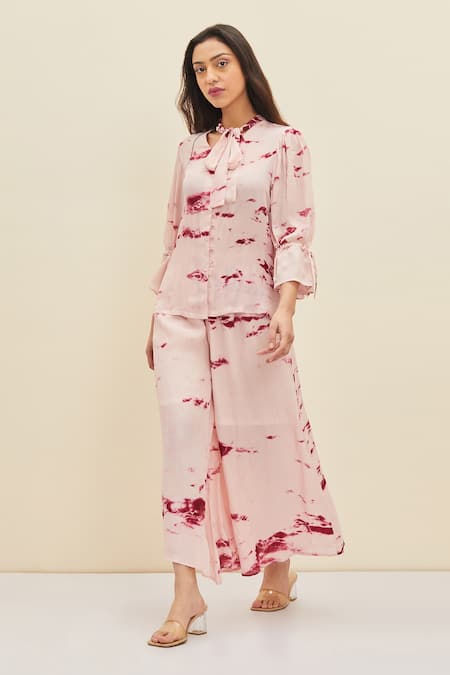 Buy_Meadow_Pink Silk, Cotton Viscose Tie-up Haze Tie Dye Top And Pant Set _Online_at_Aza_Fashions