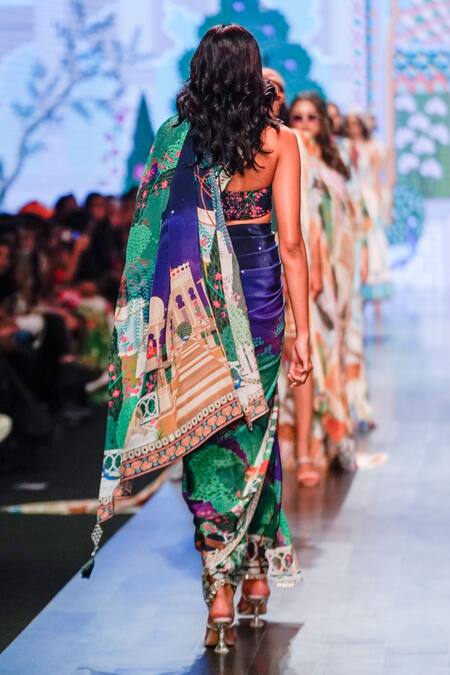 Shop_Limerick By Abirr N' Nanki_Purple Crepe Tree And Monument Print & Sequin Hadid Saree _at_Aza_Fashions