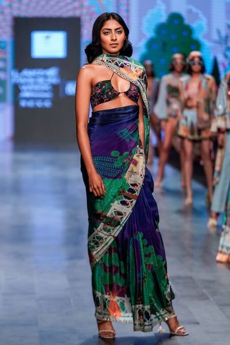 Limerick By Abirr N' Nanki_Purple Crepe Tree And Monument Print & Sequin Hadid Saree _Online_at_Aza_Fashions