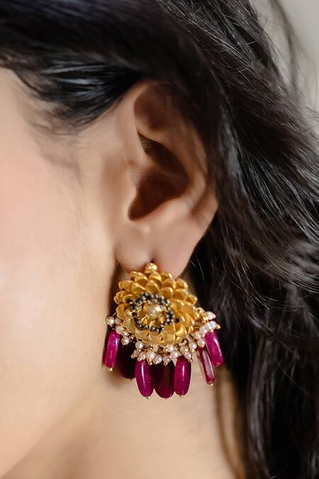 Hyperbole_Gold Plated Bead Stone Drop Floral Earrings _Online_at_Aza_Fashions