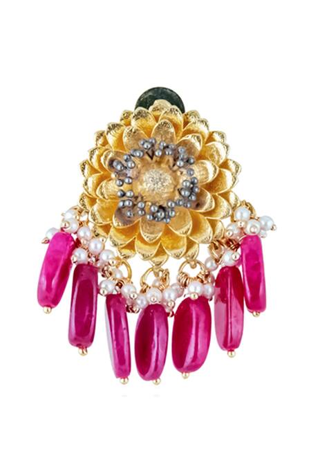 Buy_Hyperbole_Gold Plated Bead Stone Drop Floral Earrings _Online_at_Aza_Fashions