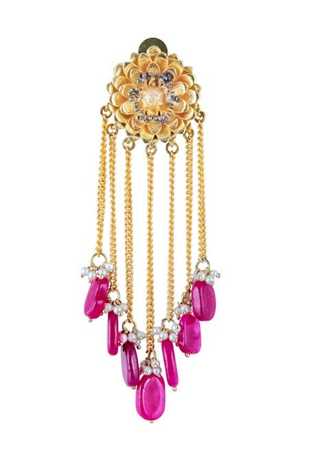 Hyperbole_Gold Plated Stones, Beads Floral Chain Danglers _Online_at_Aza_Fashions