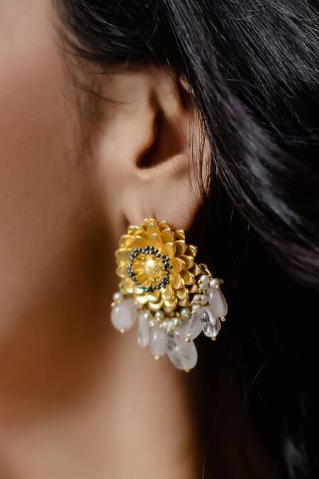 Hyperbole_Gold Plated Bead Stone Drop Floral Earrings _Online_at_Aza_Fashions