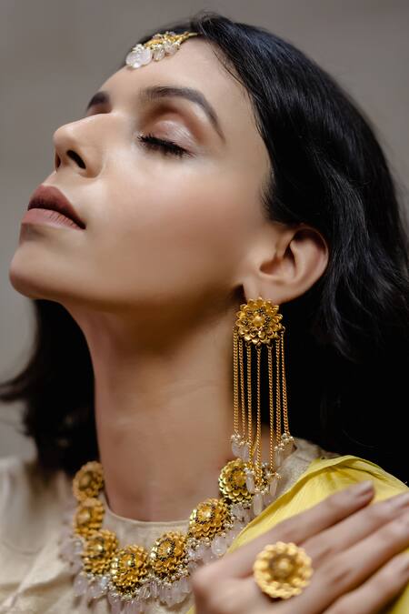 Hyperbole_Gold Plated Stones, Beads Floral Chain Danglers _Online_at_Aza_Fashions