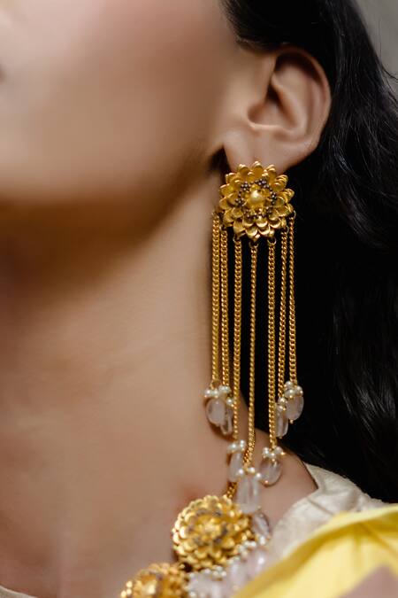 Buy_Hyperbole_Gold Plated Stones, Beads Floral Chain Danglers _Online_at_Aza_Fashions