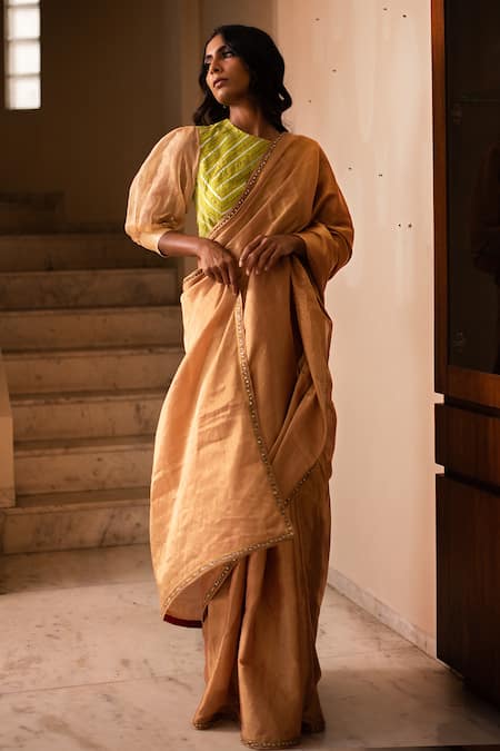 Shop Priyanka Raajiv Gold Silk Tissue Chanderi Kundan Stones, Zardozi Haimi Saree at Aza Fashions Shop_Priyanka Raajiv_Gold Silk Tissue Chanderi Kundan Stones, Zardozi Haimi Saree _at_Aza_Fashions