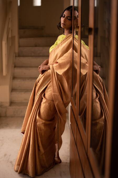 Priyanka Raajiv Gold Silk Tissue Chanderi Kundan Stones, Zardozi Haimi Saree Online at Aza Fashions Priyanka Raajiv_Gold Silk Tissue Chanderi Kundan Stones, Zardozi Haimi Saree _Online_at_Aza_Fashions