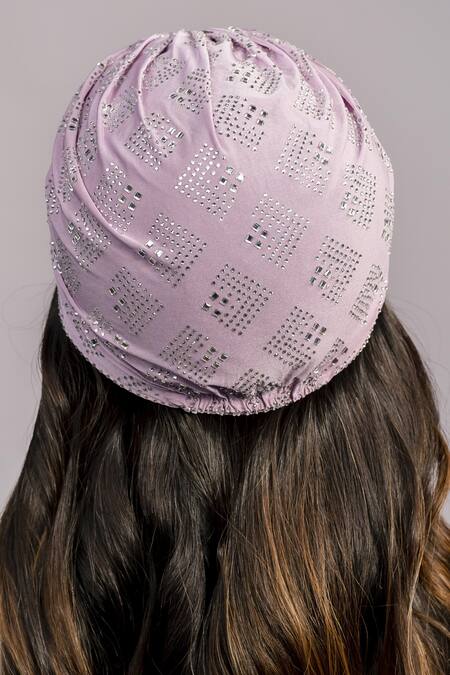Shop Hair Drama CO Purple Rhinestones Embellished Lycra Turban at Aza Fashions Shop_Hair Drama CO_Purple Rhinestones Embellished Lycra Turban_at_Aza_Fashions