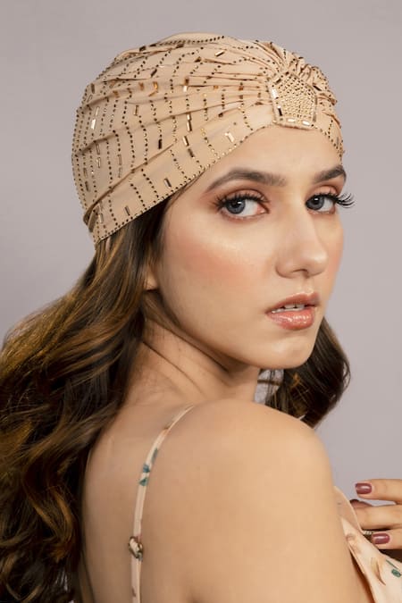 Buy Hair Drama CO Beige Rhinestones Embellished Lycra Turban Online at Aza Fashions Buy_Hair Drama CO_Beige Rhinestones Embellished Lycra Turban_Online_at_Aza_Fashions