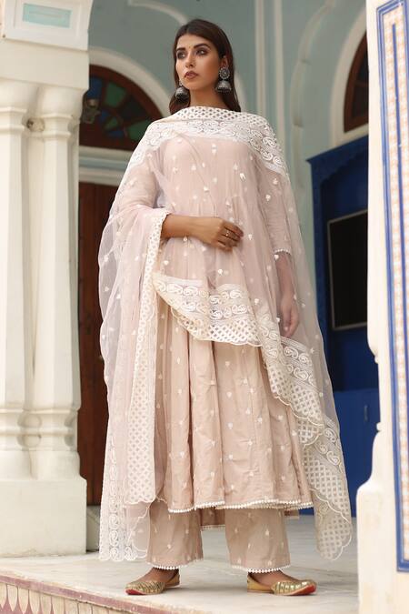 Shop_Gulabo Jaipur_Grey , Organza, Pure Modal V Neck Embroidered Anarkali Set _Online_at_Aza_Fashions