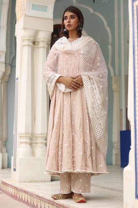 Buy_Gulabo Jaipur_Grey , Organza, Pure Modal V Neck Embroidered Anarkali Set _Online_at_Aza_Fashions