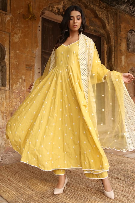 Gulabo Jaipur_Yellow , Organza, Pure Modal V Neck Embroidered Anarkali Set _Online_at_Aza_Fashions