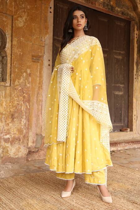 Buy_Gulabo Jaipur_Yellow , Organza, Pure Modal V Neck Embroidered Anarkali Set _Online_at_Aza_Fashions