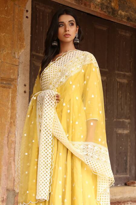 Shop_Gulabo Jaipur_Yellow , Organza, Pure Modal V Neck Embroidered Anarkali Set _Online_at_Aza_Fashions