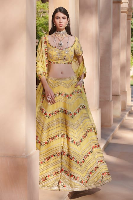 Shop Sahil Kochhar Yellow Silk Organza U Neck Bridal Lehenga Set at Aza Fashions Shop_Sahil Kochhar_Yellow Silk Organza U Neck Bridal Lehenga Set _at_Aza_Fashions