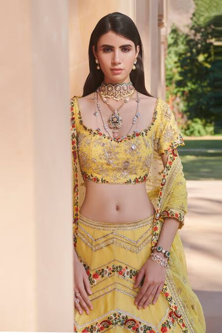 Sahil Kochhar Yellow Silk Organza U Neck Bridal Lehenga Set Online at Aza Fashions Sahil Kochhar_Yellow Silk Organza U Neck Bridal Lehenga Set _Online_at_Aza_Fashions