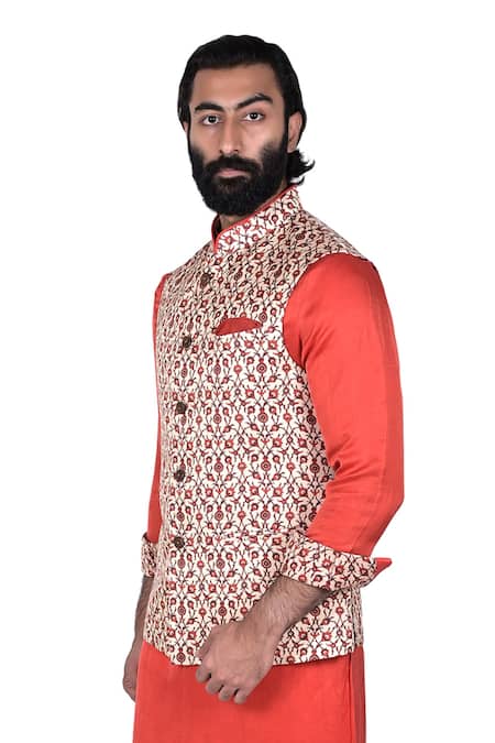 Rohit Kamra Jaipur Beige Linen Printed Nehru Jacket  
