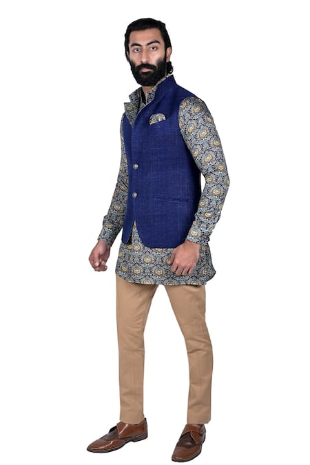 Buy_Rohit Kamra Jaipur_Blue Matka Silk Textured Nehru Jacket  _Online_at_Aza_Fashions