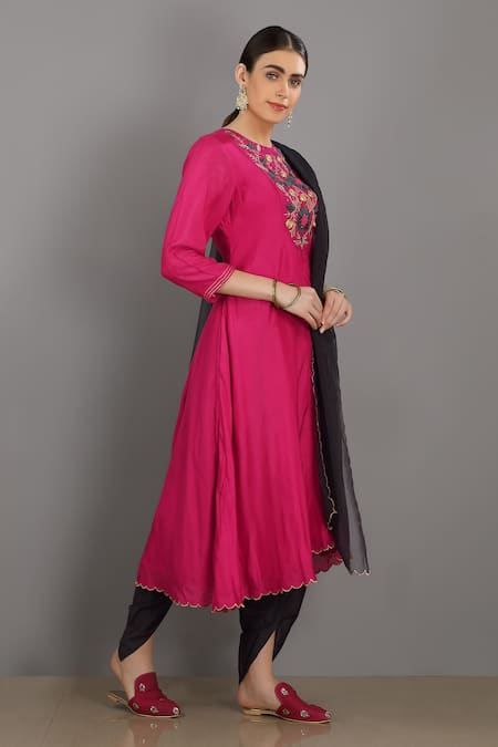 Asaga_Pink Anarkali Chanderi Silk, Cotton Pant Mul Cotton Dupatta Organza Set _Online_at_Aza_Fashions